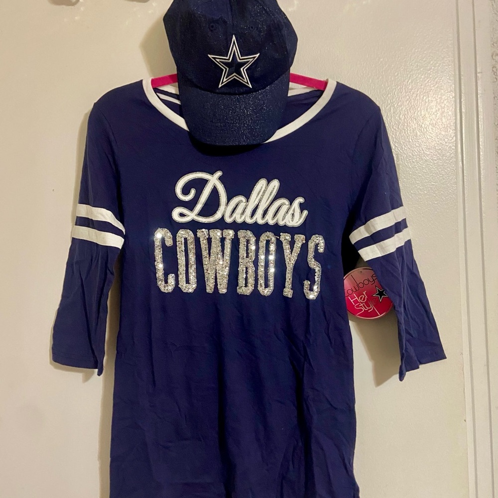 NFL Navy & White Sequin Bling Dallas Cowboys 3/4 Sleeve T-Shirt & Cap Size S NEW